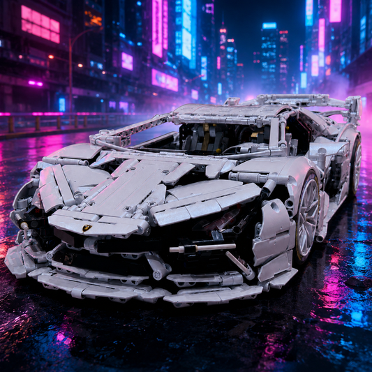 1:8 White Lambo SVJ Technical Supercar Building Kit, MOC Race Car Block Model With V12 Engine & Working Steering, Premium ABS Bricks Collectible Gift